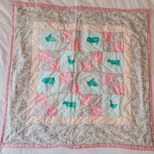 Vintage Handmade Patchwork Pink/Cream Baby Quilt w/ Teal Farm Animal, 40" x 40"